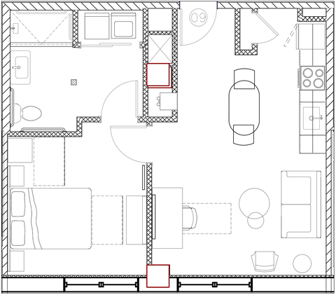 Floor plan for 1 bed, 1 bath, 575 sqft